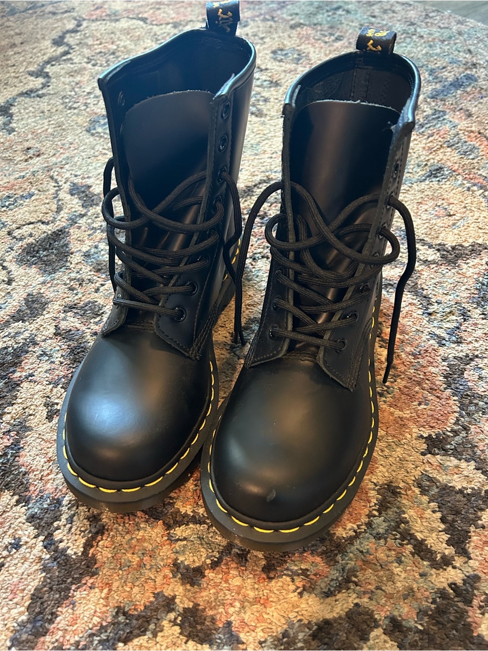 Dr. Marten Lace-Up Combat Boots with Yellow Stitching - Women's
